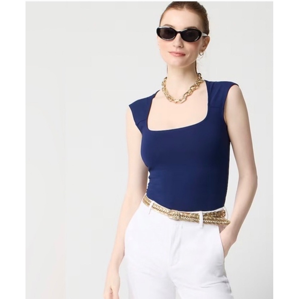 J.Crew Women Navy Blue Square Neck Cap Sleeve Knit Top Size L Stretch Cotton